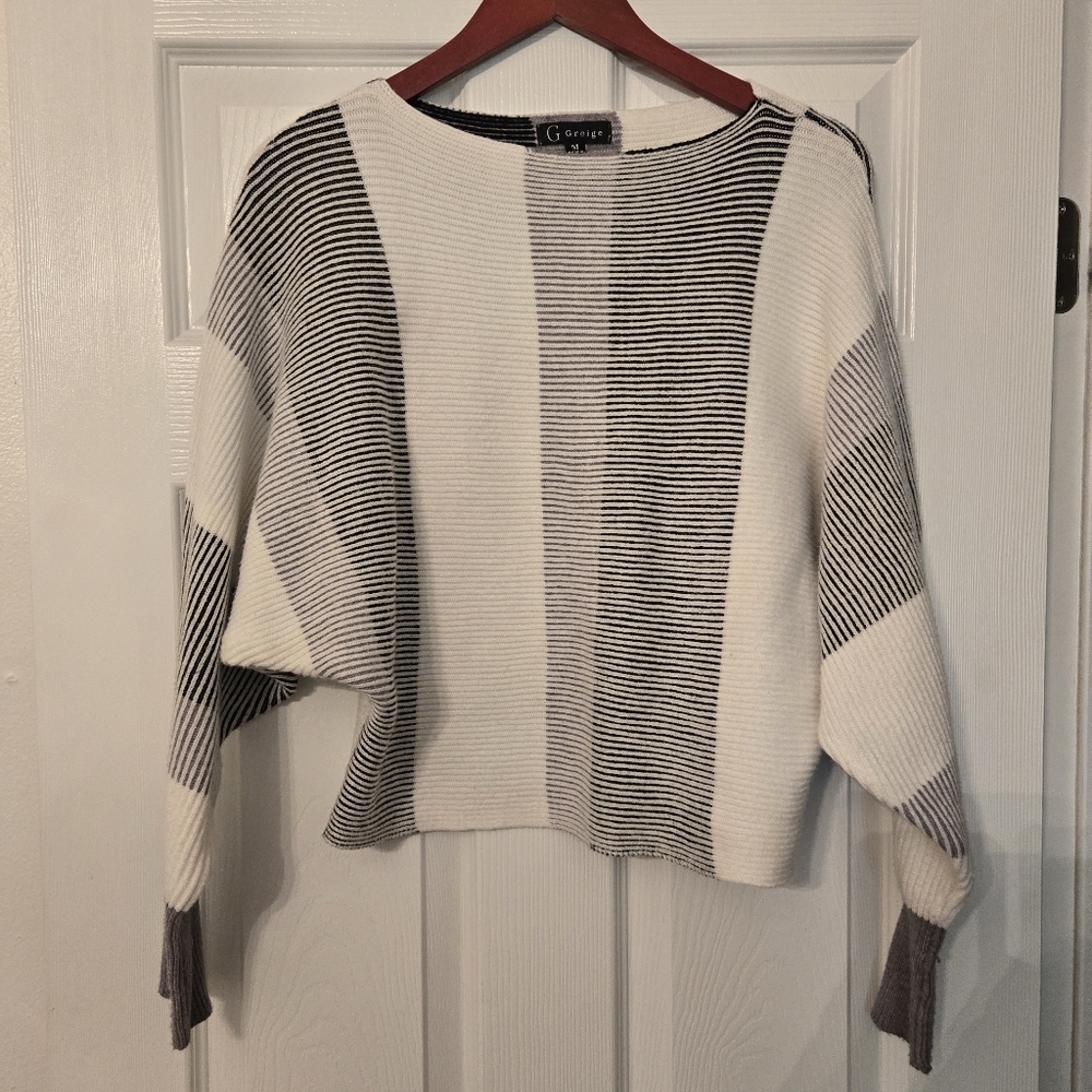 Greige Women's Black and White Striped Sweater Dolman Sleeves